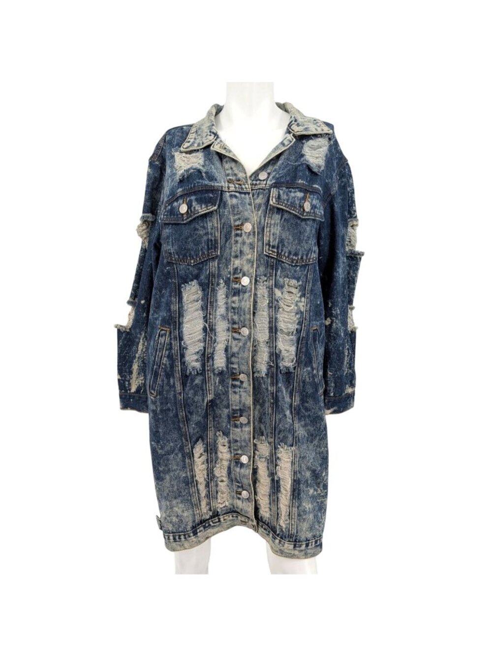 Distressed Denim Jacket Longline Oversized Acid Wash Grunge Statement Y2k Medium